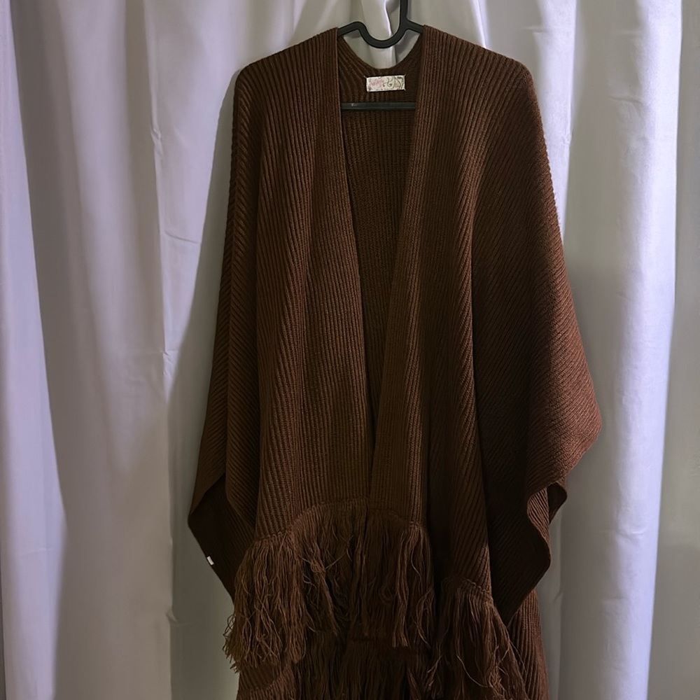 Super Cute Brown Free People Shawl w/ Fringe Bottom